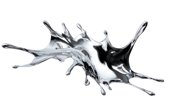Abstract metallic silver splash in sharp curved form, minimal on white