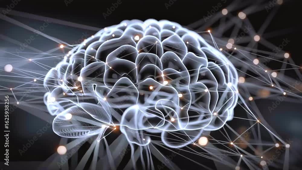 Poster luminous brain revolving, generating intricate neural networks amid shadowy scientific rendering, re