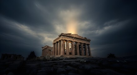 Obraz premium The Parthenon stands majestically under a dramatic sky with a burst of light, showcasing its ancient architecture.