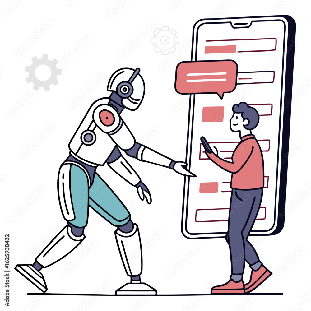 Poster robot and human interacting with a large smartphone screen isolated on transparent background