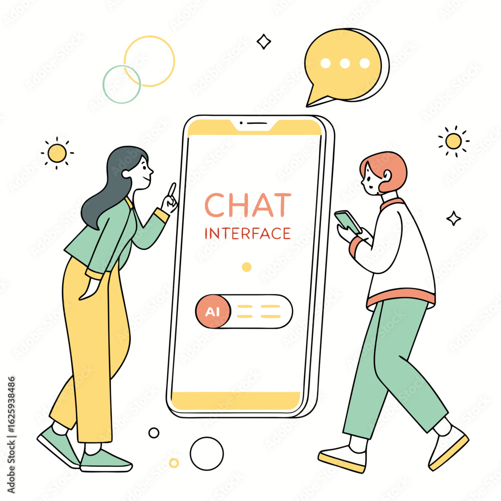 Poster people interacting with ai chat interface on smartphone isolated on transparent background