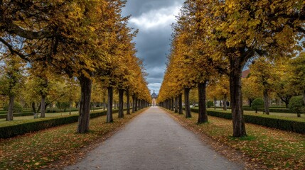 Naklejka premium Autumn path through park with yellow trees
