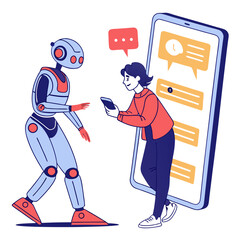 Robot and person interacting with a smartphone displaying chat messages isolated on transparent background