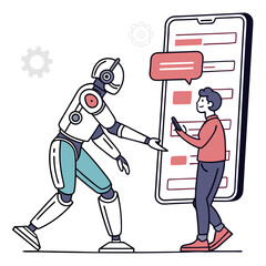 Robot and human interacting with a large smartphone screen isolated on transparent background