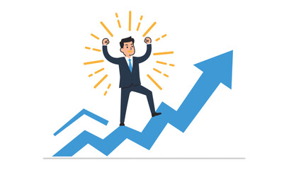 Fototapeta premium Business Vector Illustration of a Successful Businessman Climbing Upward on a Blue Graph Arrow Line with Celebration in Flat Modern Design