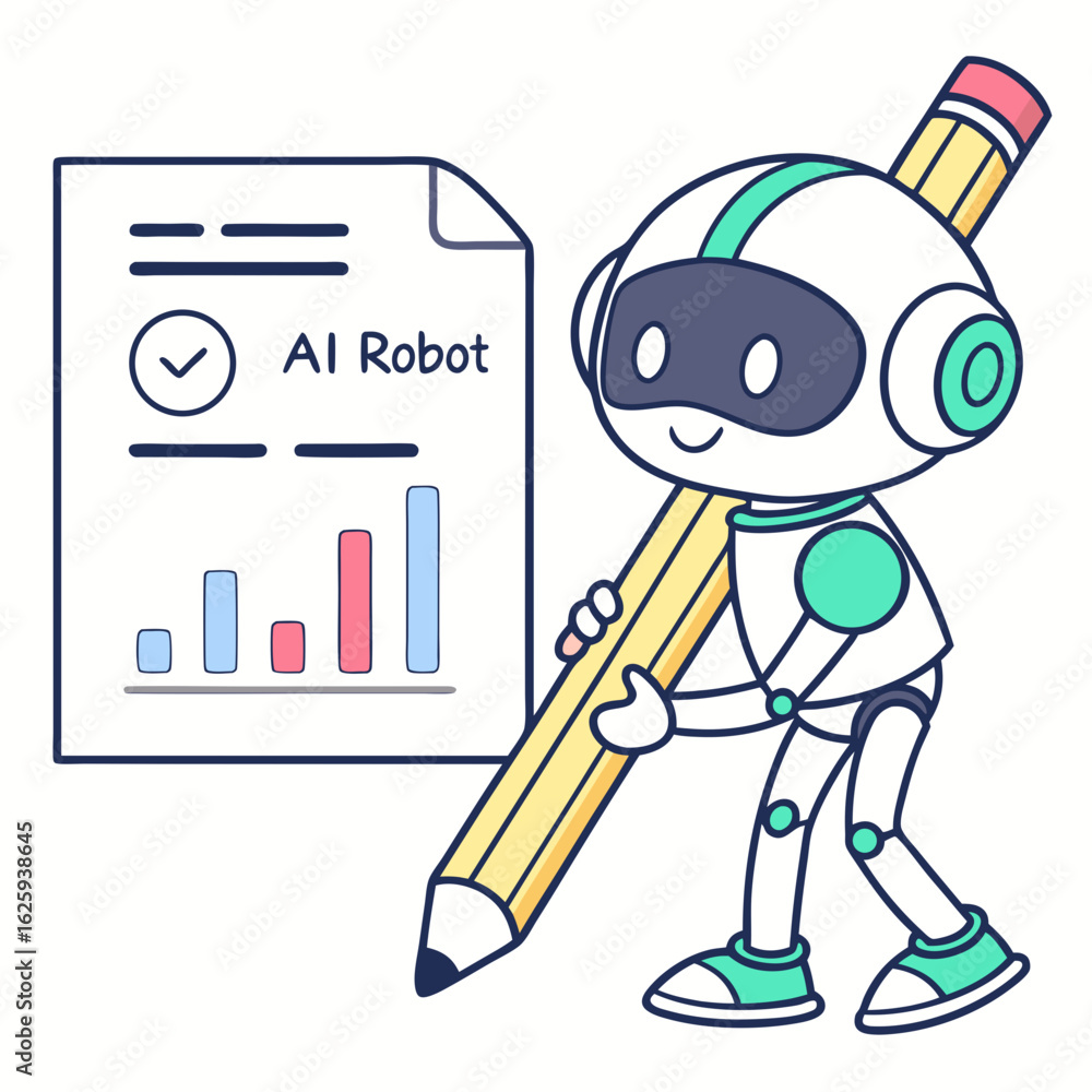 Poster cute ai robot holding pencil next to report with graph isolated on transparent background