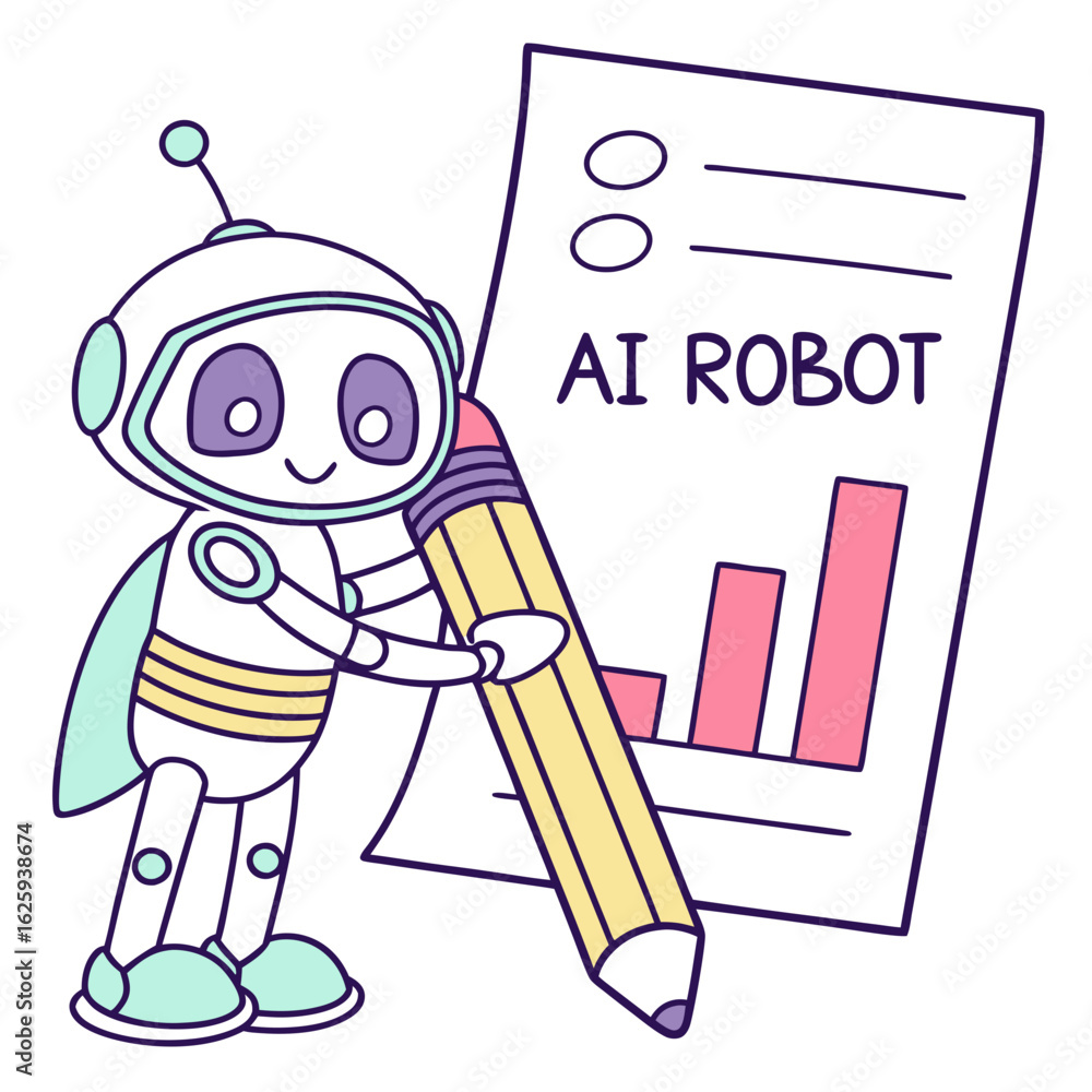 Poster cute ai robot holding a pencil and writing on a paper with a graph isolated on transparent backgroun