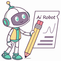 Cute cartoon robot writing on paper with a pencil isolated on transparent background