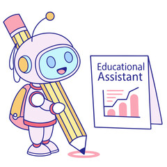Cute robot holding a pencil and standing next to an educational chart isolated on transparent background