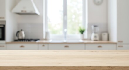 Empty Wood Tabletop in Bright Kitchen Interior with Window