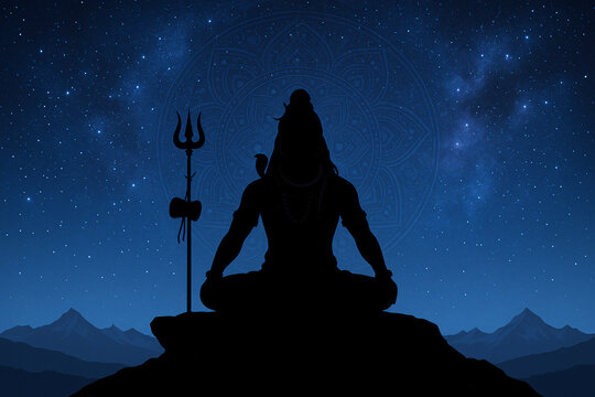 Lord Shiva Silhouette Meditating with Trident under Starry Cosmic Sky