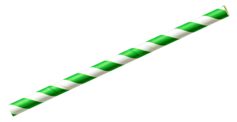 A long, diagonally-oriented drinking straw with alternating green and white stripes