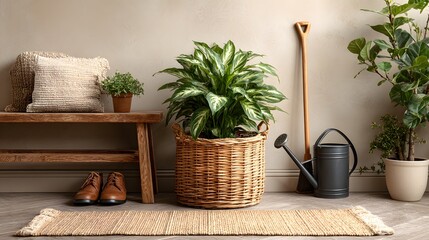 Fototapeta premium Rustic entryway scene with plants and decorative items.