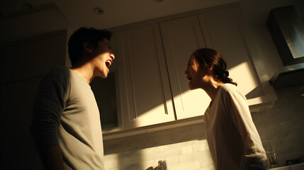a couple engages in an intense argument, filled with anger and frustration, in their kitchen. The scene captures a moment of emotional conflict