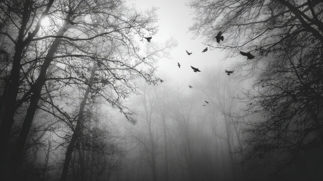 Mysterious Foggy Forest with Flock of Dark Birds Flying Through Bare Trees - Powered by Adobe