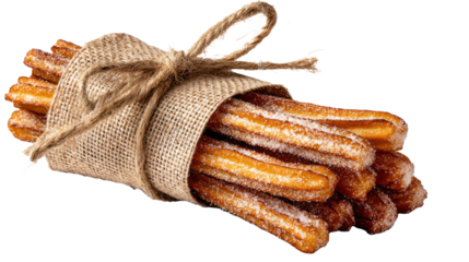Churros in rustic bundle, crispy golden exterior, sugar coating