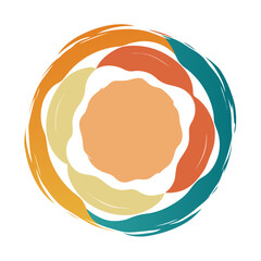 Abstract circular brush stroke design with warm colors and teal accents