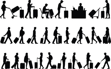 Silhouettes of airport travelers, people walking with luggage, baggage trolley, check-in counter, traveling passengers, vacation concept, tourism, journey scene