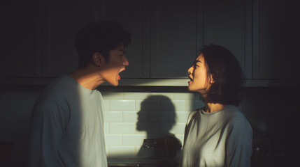 A couple engaged in a heated argument, bathed in dramatic lighting. Their faces display intense emotion and conflict.