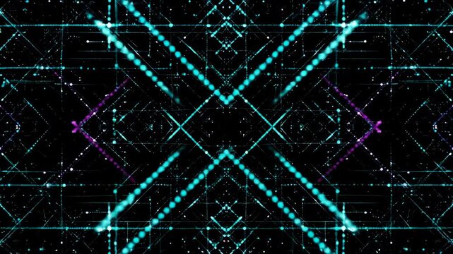 Geometric abstract on black features teal & purple lines, dots & cross patterns symmetric