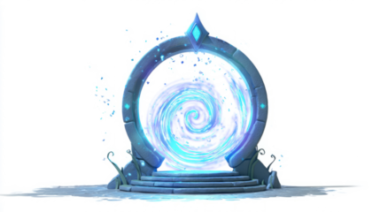 Fantasy arcane gate with spinning spiral light, soft magical glow, on white background