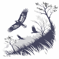 Three majestic eagles soaring through a stylized landscape with trees and grass
