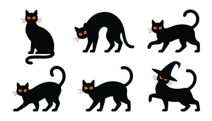Collection of black cats in various poses isolated on a white background for halloween designs