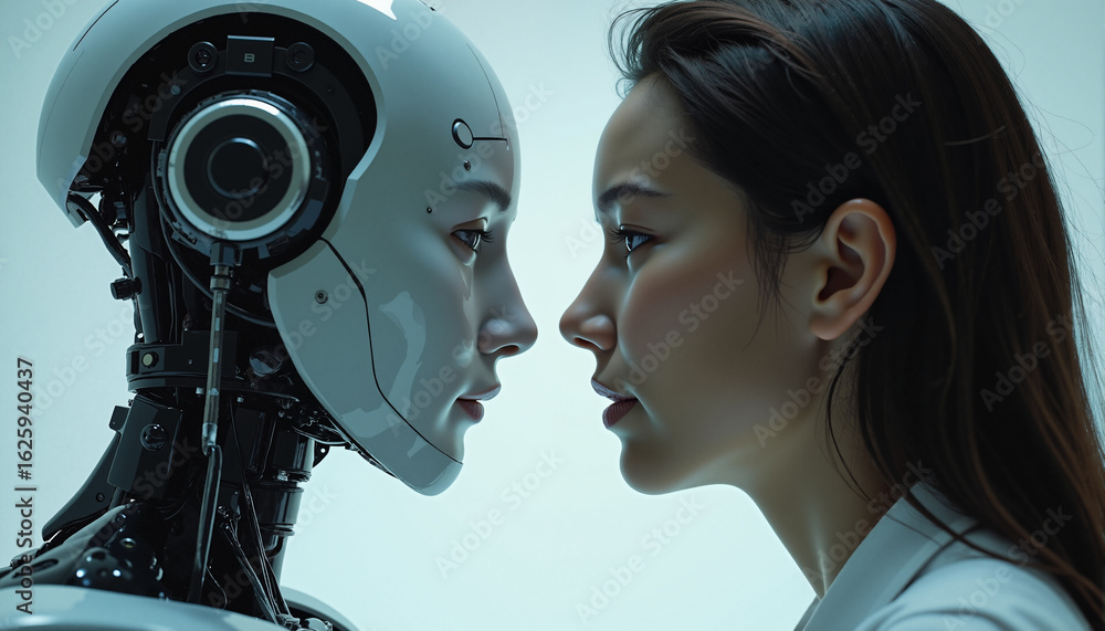 Poster s a woman and a robot looking at each other in a white-walled room. the robot is on the left side of