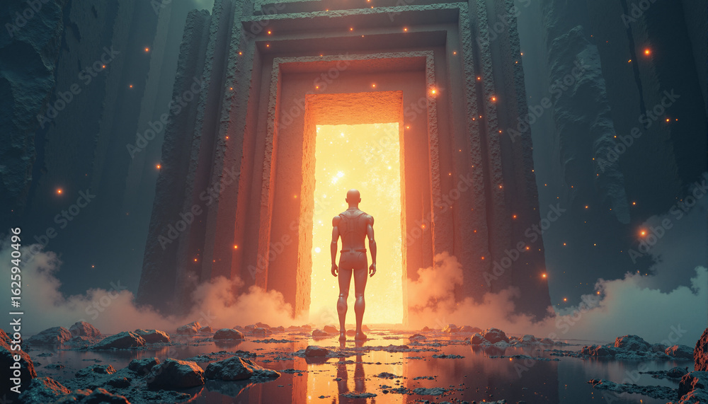 Poster s a man standing in front of an open door in the middle of a desert