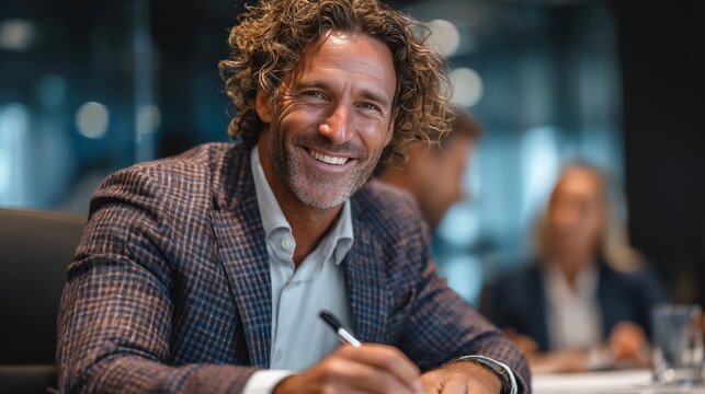 smiling businessman with curly hair writing on paper, close-up of hands and face, wearing a stylish checkered suit, blurred business meeting background