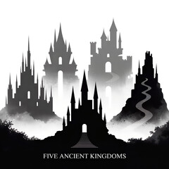Naklejka premium Five Ancient Kingdoms: Monochromatic Castle Silhouette Illustration, Mystical Fantasy Landscape