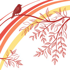 A stylized red bird perched on a branch with colorful stripes and delicate leaves
