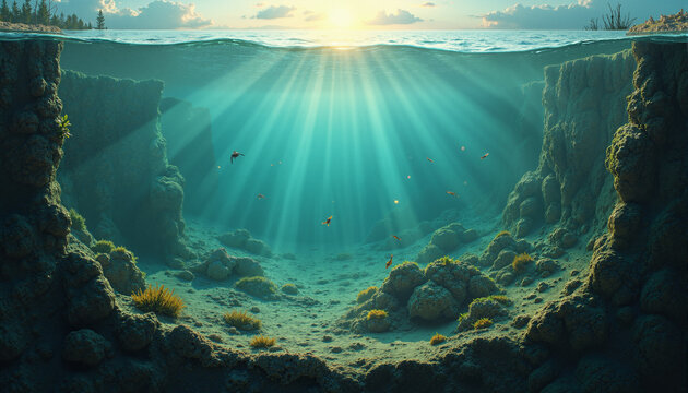 s an underwater scene with a large hole in the middle of the ocean surrounded by rocks and plants. There are a few fish swimming around the hole