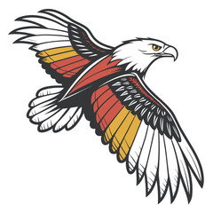 Stylized eagle in flight with red and yellow wing feathers