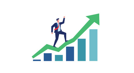 Illustration Vector of Businessman on Growth Chart with Green Arrow in Modern Style