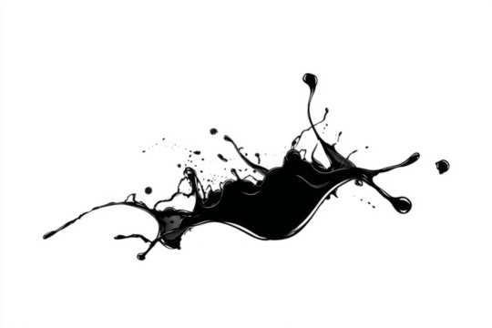 Ink splash with thin tendrils and droplets, black fluid on white background