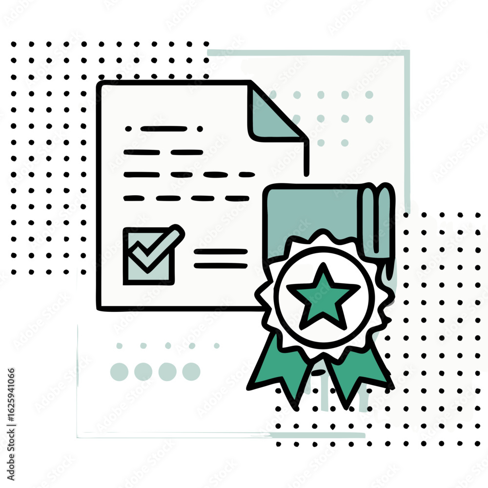Poster Document with certificate and checkmark in modern flat design  