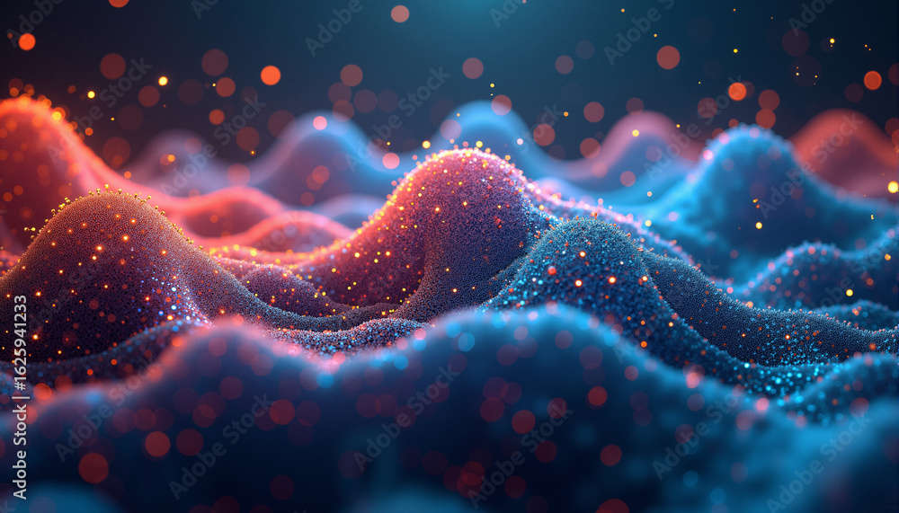 Poster s an abstract background with red and blue particles and bokeh lights