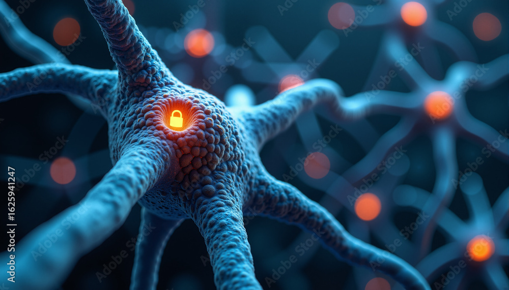 Poster s a close up of a neuron with a red light in the middle of it