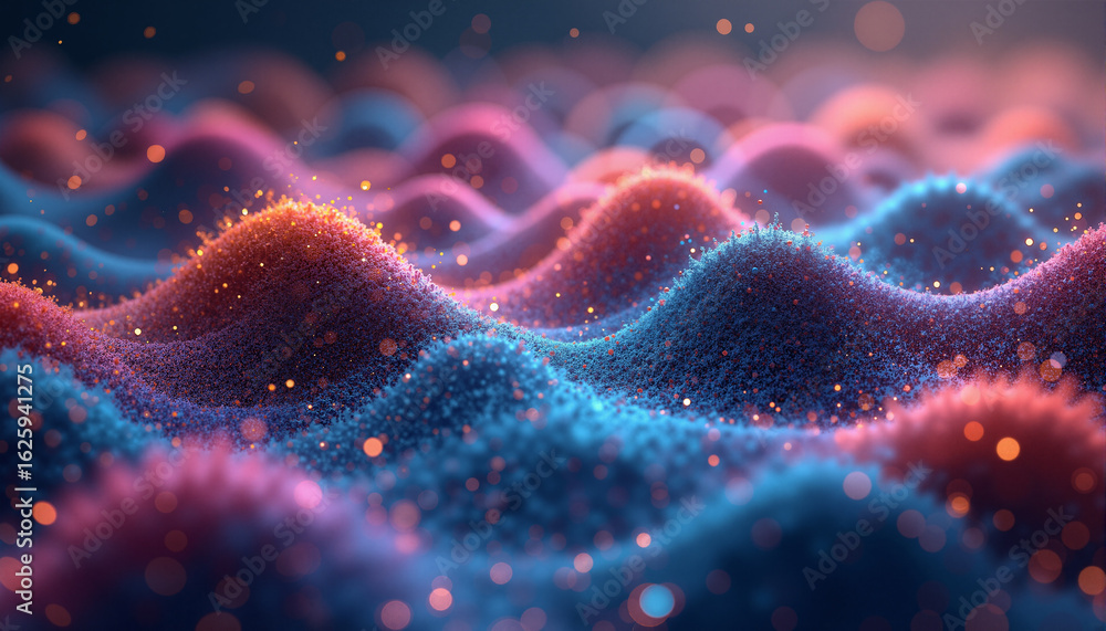 Poster s a 3d rendering of a blue and red abstract background with wavy lines and dots