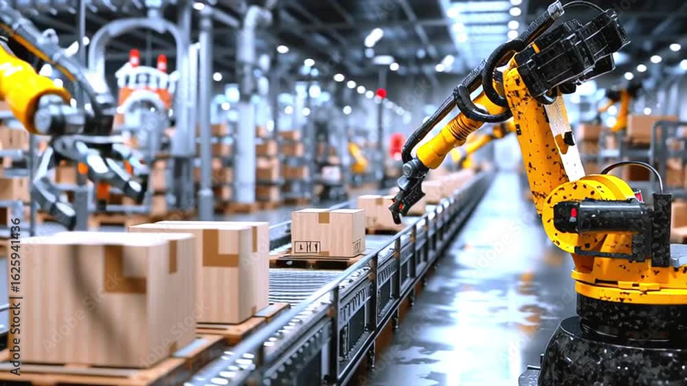 Poster sleek white and gold robots walking along automated assembly line, demonstrating advanced manufactur