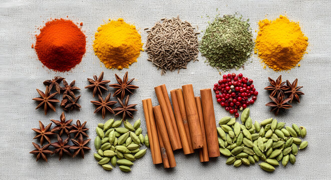 Vibrant array of aromatic spices and seasonings arranged artfully on a textured surface creating a