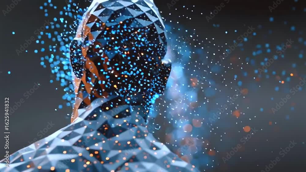 Poster digital human profile generating dynamic blue orange particles, representing technological innovatio