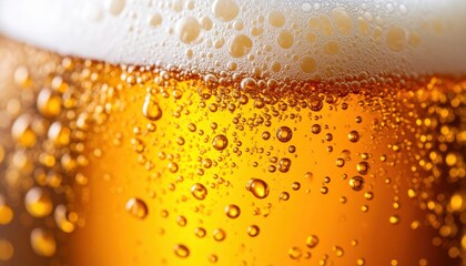 Refreshing Beer Bubbles: Close-up of golden liquid with abundant carbonation and creamy white foam texture.