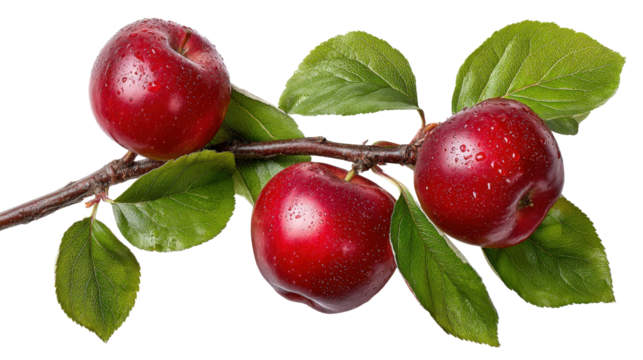 Apple tree branch with red apples top view with soft shadows isolated on a Transparent background, PNG file.
