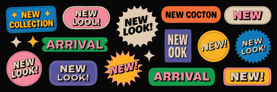 Colorful New and Arrival Stickers and Labels Set Against a Black Background, Retro Style