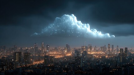 Cloud computing technology icons over cityscape in blue digital theme, showing data sync, network, and security infrastructure
