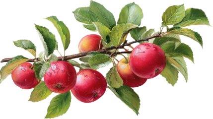 Apple tree branch with ripe apples and detailed leaves top view isolated on a Transparent background, PNG file.