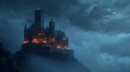 Fototapeta premium spooky gothic haunted castle on a cliff, foggy night atmosphere, glowing orange windows, flying bats in dark cloudy sky, eerie lighting