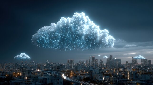 Cloud computing technology icons over cityscape in blue digital theme, showing data sync, network, and security infrastructure - Powered by Adobe
